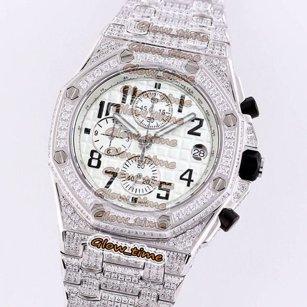 

edition japan vk quartz chronograph 26170ti 26170or 26170ba white date dial mens watch diamond inlay iced out full case iced watches, Slivery;brown