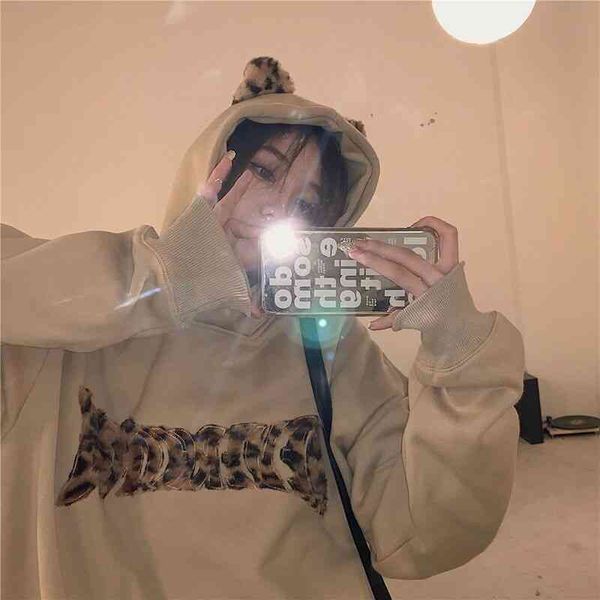 

winter vintage leopard print plush hoodie women kawaii bear ears sweatshirt korean harajuku y2k oversized clothes, Black