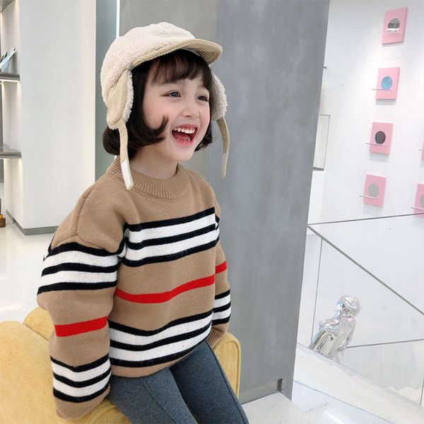 

winter children's sweater thickened inside imitation mink cashmere girl's pullover round neck stripe t-shirt, Blue
