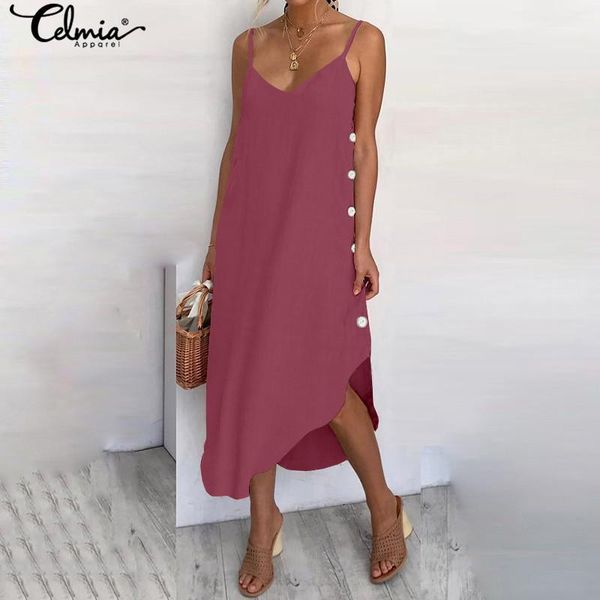 

2020 celmia women bohemian leopard print midi dresses plus size summer dress sleeveless straps buttons beach robe vestidos1, Black;gray