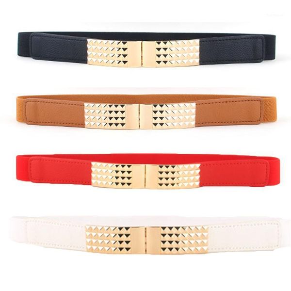 

women elastic gold clasp buckle belt faux leather stretch dress waistband bltll03111, Black;brown