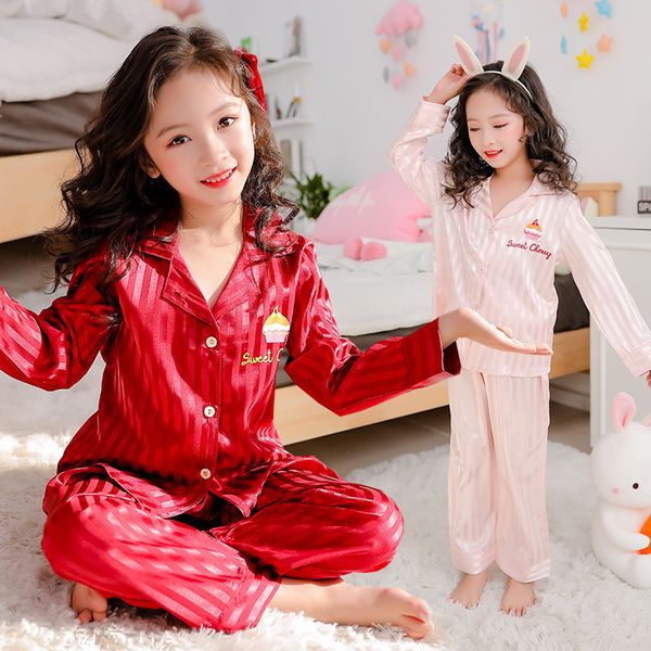 

children pajamas set autumn ice silk striped kids pyjamas for girls sleepwear kids outfits homewear 8 10 years pijamas boys 201104, Blue;red