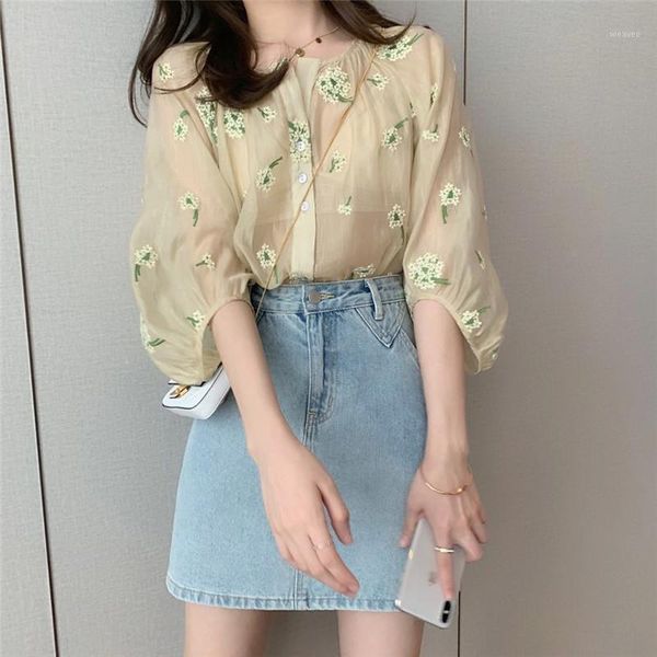 

french chiffon blouse women o-neck hale sleeve floral print shirts summer korean style womens blouse with lace plus size 20201, White
