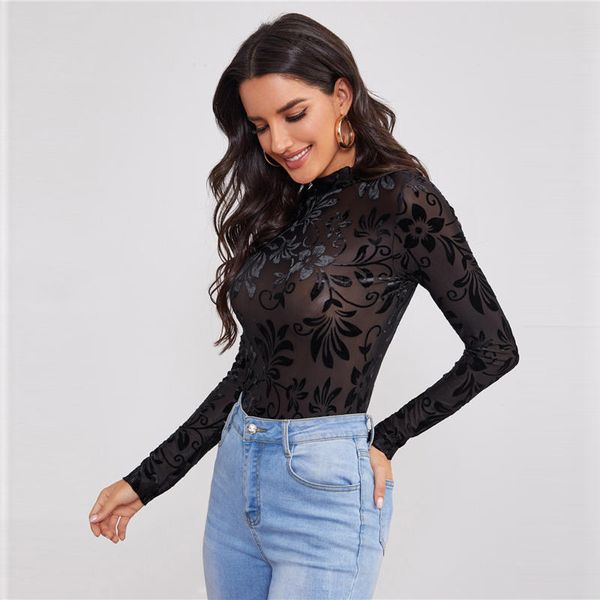 

women autumn and winter mock neck long sleeve lace mesh t-shirt pullover, White