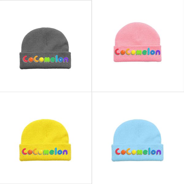 

cartoon cocomelon hats kids boys girls designers cuffed beanie cap solid knitted tuque cute letters print skull cap outdoor headwear g12306, Yellow
