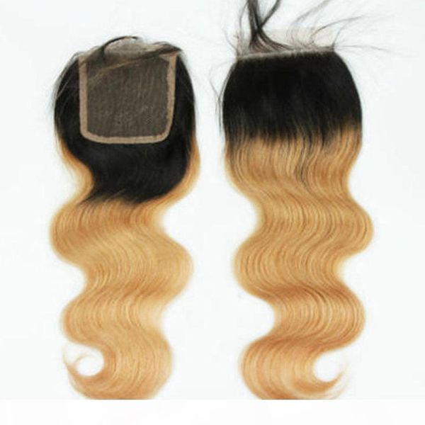 

sale peruvian body wave closure #1b#27 human hair two tone part ombre closure with bleached knots, Black;brown