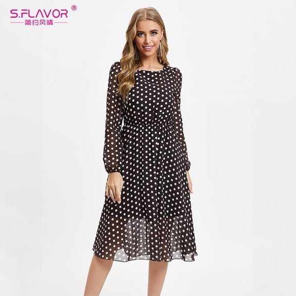 

s.flavor bohemian style women chiffon dress o-neck long sleeve dot printed retro midi vestidos de spring summer casual dress1, Black;gray