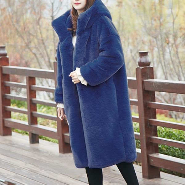 

women's fur & faux winter coat women long female hooded thick warm fake jacket ladies loose plush oversized, Black
