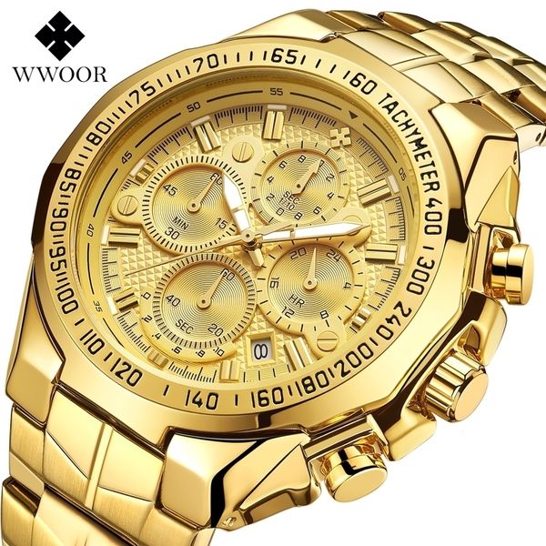 WWOOR Luxus Gold Herren Uhr Top Marke Sport Große Uhren Für Männer Wasserdichte Quarz Datum Armbanduhr Chronograph Männlich Reloj Hombre t2026