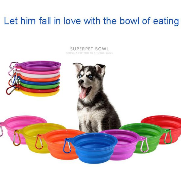 

key chain travel collapsible pet dog cat feeding bowl water dish feeder silicone foldable 9 colors silicone pet folding bowls dhl ship