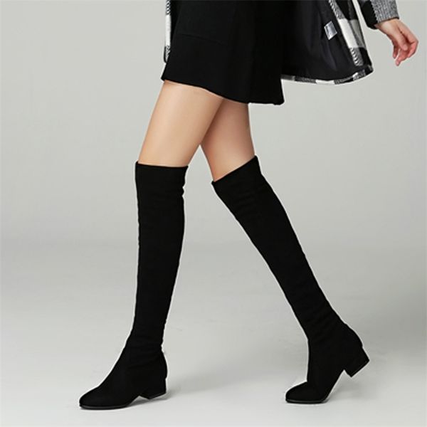 

autumn winter elastic flock slim fit over the knee boots women med heel thigh ladies high heel thigh high botas shoes 201215, Black