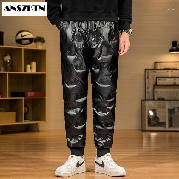 

anszktn new mens white duck cold-proof pants 2020 winter straight outside wear business pants warm duck down padded trousers1, Black