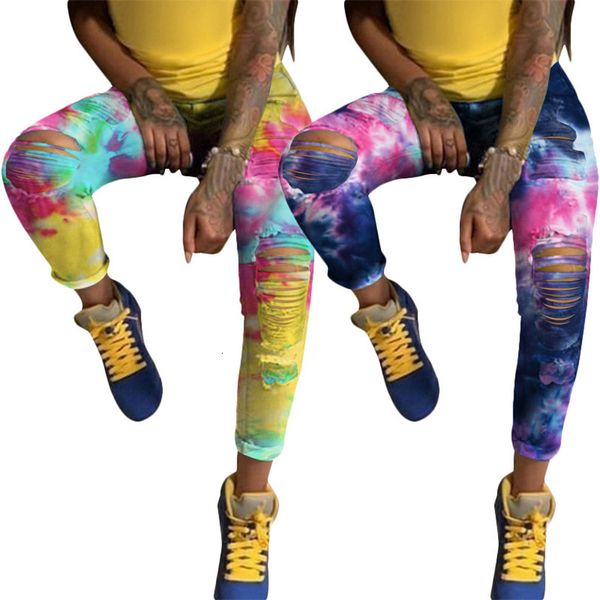 

women fall winter clothes plus size denim jeans club tie-dye leggings hole pants s-3xl ripped hollow out trousers button dhl 3565, Blue