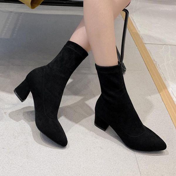 

casual pointed toe flock riding boots elastic black slip-on medium with thick heel ankle boots women's shoes big size1