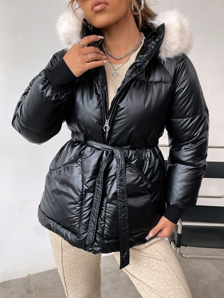 

slant pockets drawstring waist raglan sleeve fuzzy trim hooded puffer coat a4xw#, Black