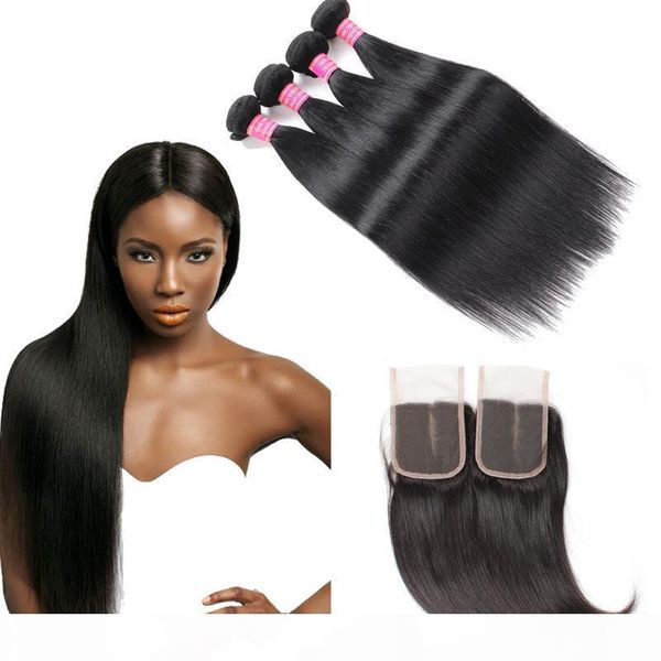 

wholesale 8a peruvian straight hair 4 bundles with 4*4 lace closure unprocessed virgin hair extensions middle three part ing, Black