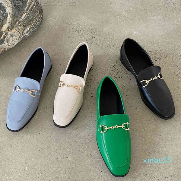 Primavera mulheres escorregar em loafer outono moda senhoras britânicos fivela de metal liso sapatos redondos dedo do pé feminino verde bailarina casual