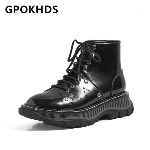 

boots gpokhds 2021 women ankle cow leather winter short plush round toe metal decoration med heels female riding size 391, Black