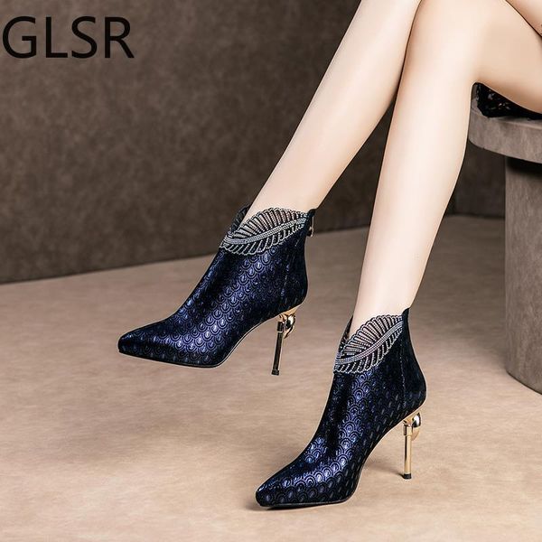 

boots peacock pattern embossed leather woman ankle plating heel rhinestone women's winter shoes 2021 female footware blue, Black