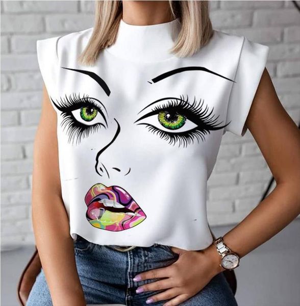 

women elegant lips print blouse shirts 2020 summer casual stand neck pullovers ladies fashion cute eye short sleeve, White
