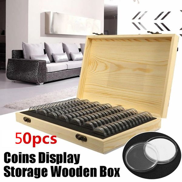 

coins display case 50 capsules wooden storage box for collectible coin q1201