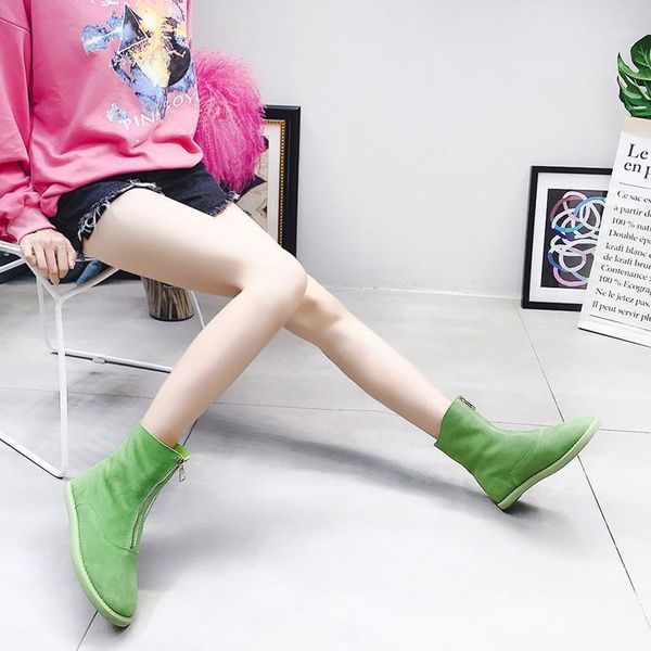 

boots pig suede leather casual women's shoes zipper round toe flat heels female short candy 6 colors oulyyyogo1, Black