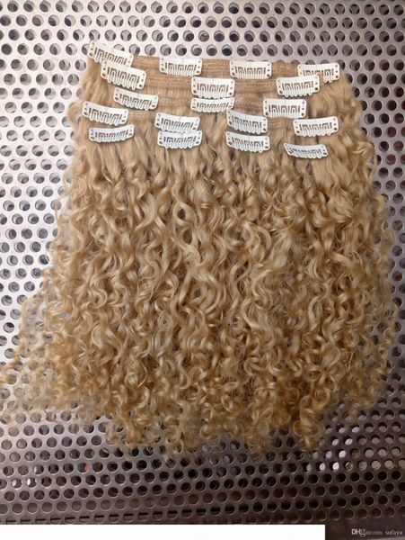 

new style strong chinese virgin remy curly hair weft human clip ins hair extensions blonde 6130# color 100g hair one set, Black