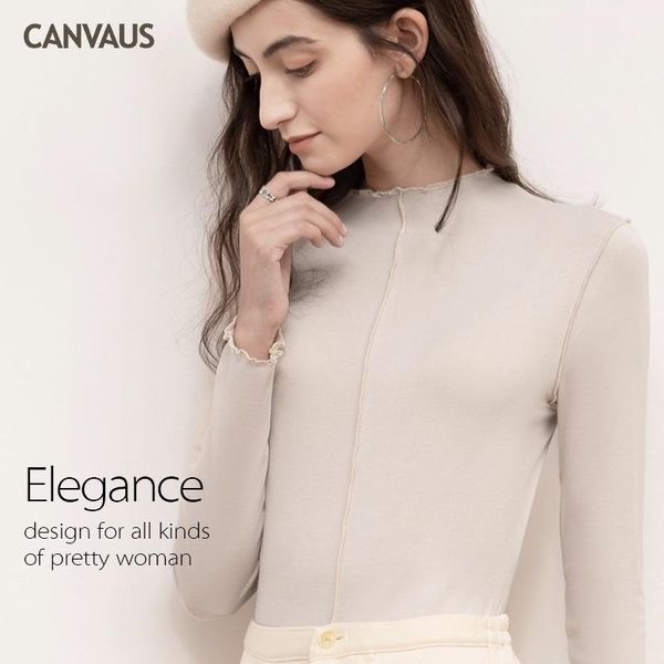 

canvaus autumn and winter women's dress joint frilled half turtleneck solid color long sleeve slimming base shirt t-shirt w, White