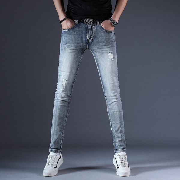 

new light blue men's korean fashion youth 100 stretch holed jeans leggings pants