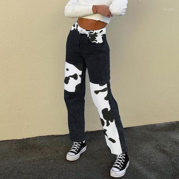 

women's pants & capris seasons patchwork cow print jeans women casual high waisted harajuku black long trousers ladies street aspa82132, Black;white