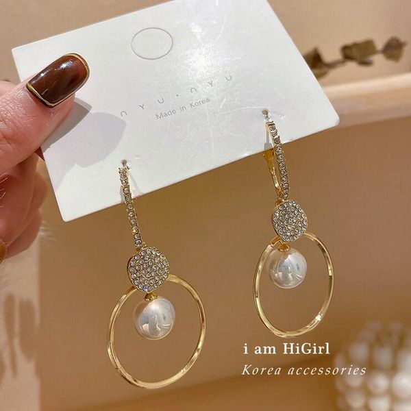 

women's earrings silver needle 925 exaggerated diamond pearl circle long temperament earrings, Golden;silver