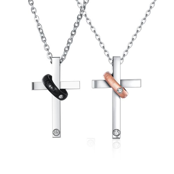 

cross shape titanium stainless steel couple pendants necklaces silver rose gold black color anniversary christmas valentine's gift gx12