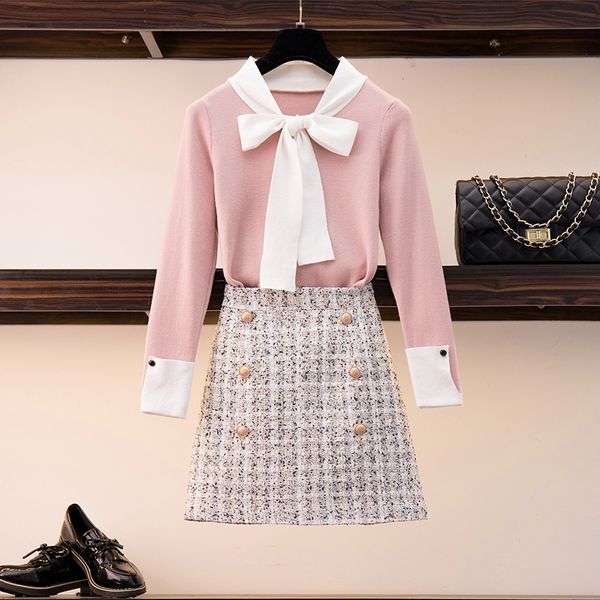 

hamaliel sweet spring women sweater skirt suits pink bowknot hit color knitted thin and short tweed plaid skirt sets y200110, White