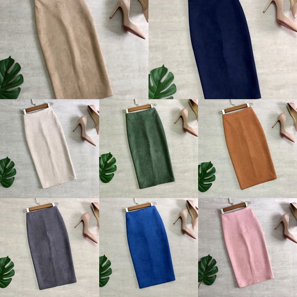 

realeft autumn winter 2020 new women's elegant suede sheath midi skirts high waist solid chic wrap skirt back split pencil skirt q1209, Black