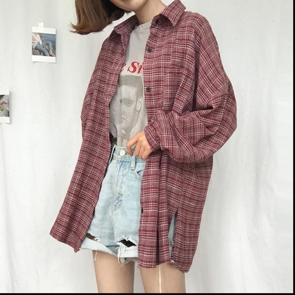 

plaid shirt turn down collar cotton long sleeve 2021 new women vent vintage single breasted button plus size clothes, White