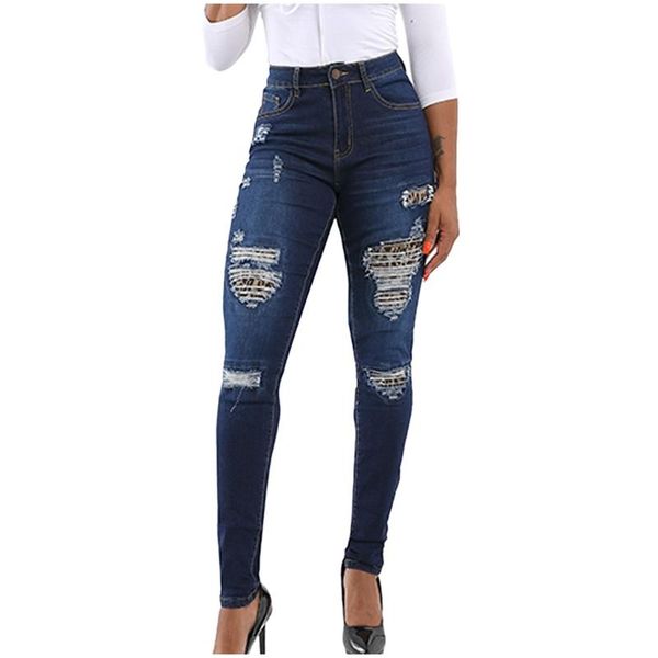 

women casual stretch jeans leopard print splice jean leggings hole trouser pants women 2020 fashion casual loose trousers#p1, Blue