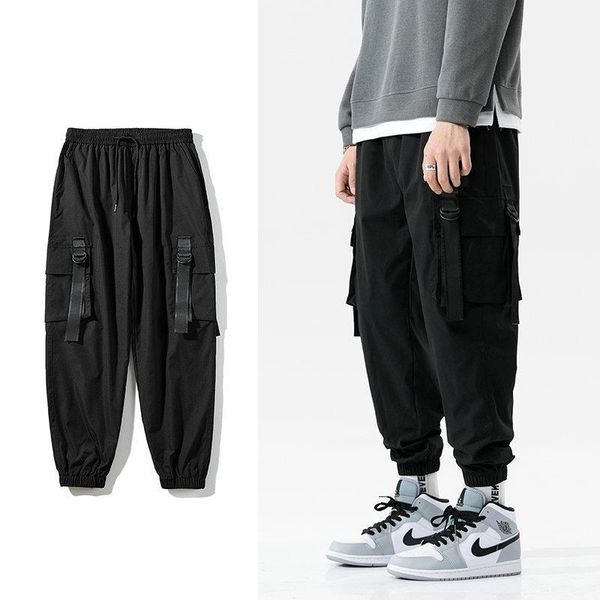 

streetwear casual joggers men side-pocket ribbons mens cargo pants fashion slim sweatpants harem pants ankle-length men trousers1, Black