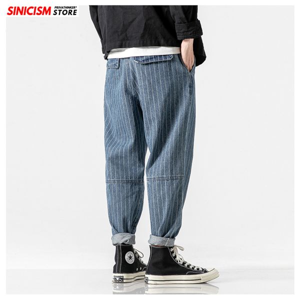 

mrgoldenbowl men's 2020 streetwear loose denim pants men autumn winter striped oversize harem pants male fashion pockets jeans q1216, Blue