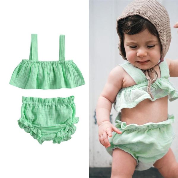 

summer baby girls pleated clothes sets toddler ruffles sling crop shorts pants 2pcs clothing for baby girls tracksuits sets, White