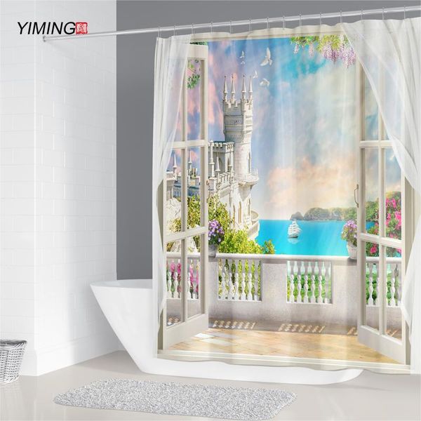 

3d window opening scenery window scenery printing shower curtain mildew washable curtain bathroom decoration with hook