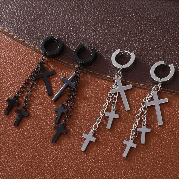 

1pcs men's punk rock dangling cross huggie hinged earrings for men stainless steel circle round crucifix earing male jewelry, Silver