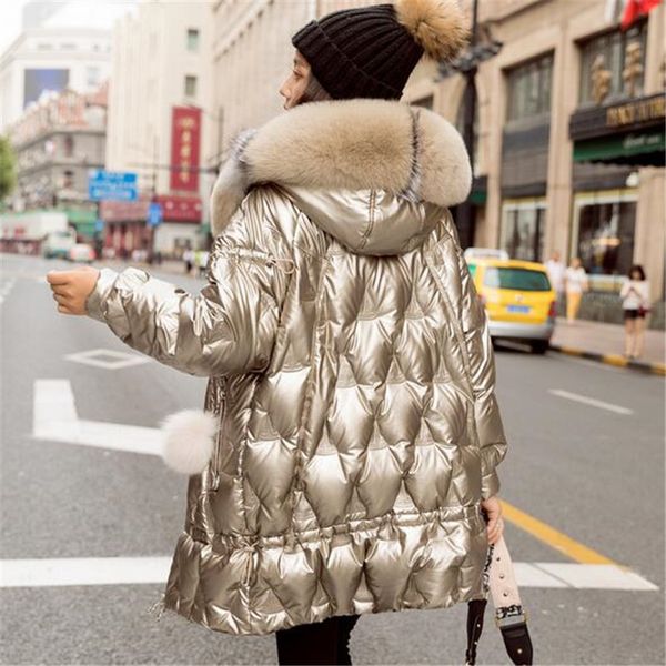 

women winter duck down jacket hooded big fox fur collar puffer coat korean shiny womens down jackets parka c1204, Black