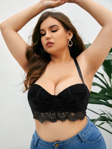 

plus contrast lace scallop trim bra u8rl#, Black;white