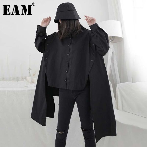 

eam] women ribbon split big size irregular blouse new lapel long sleeve loose fit shirt fashion tide spring summer 2020 1w3021, White