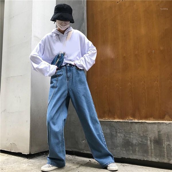 

2019 summer women streetwear high waist denim long trouser high street loose pocket button straight wide leg jeans1, Blue