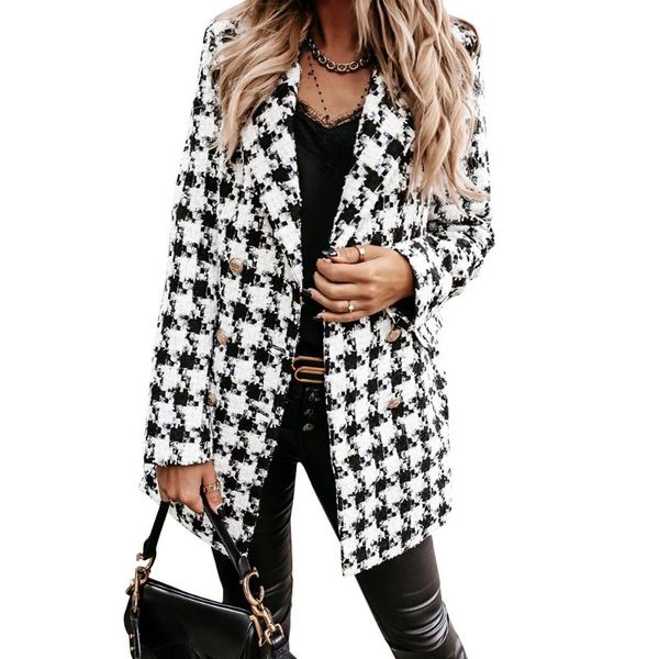 

women's wool & blends houndstooth jacket women blazer overcoat winter lapel outwear plaid printed double breasted long coat pocket, Black