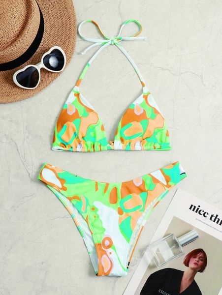 

allover graphic triangle bikini swimsuit b4oa#, White;black