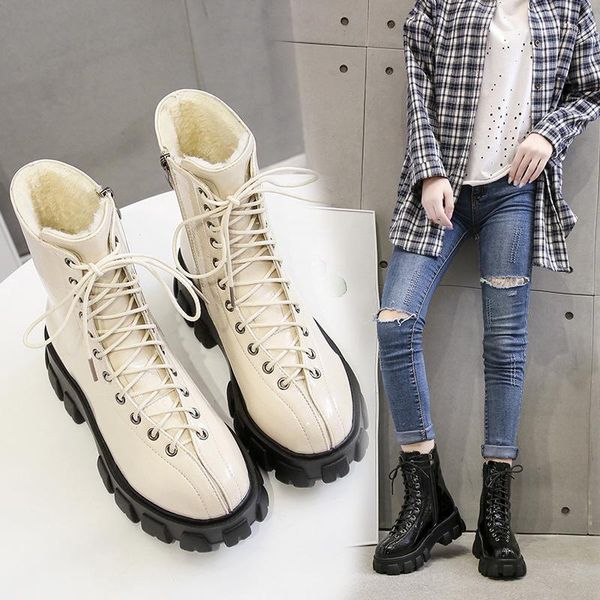 

british-style patent leather round-toe side zipper tube boots chunky heel students women's boots white1, Black