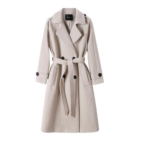 

women's wool & blends fashion woolen coat mid-length 2021 winter jackets thickened knee-length waisted 70a, Black
