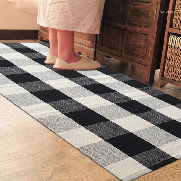 

drop shipping cotton linen mat black white plaid kitchen carpets doormats floor mats hallway for living room anti-slip tapete1